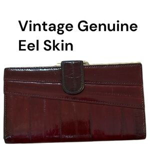 Vintage Genuine Eelskin Wallet Burgundy Red Tone Gold Frame Credit Card Wallet